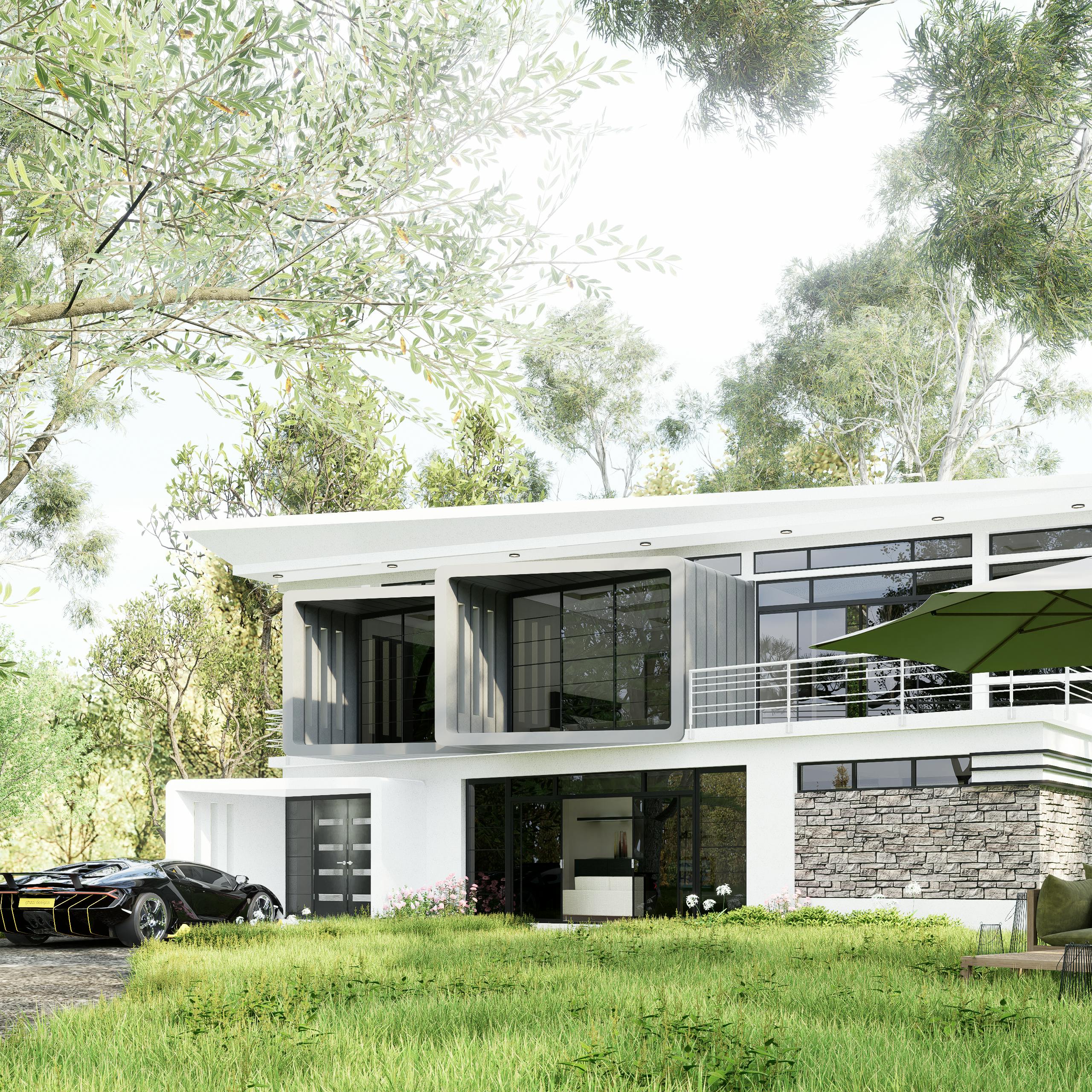 A modern luxury home with a sleek design, lush greenery, and a sports car parked in the driveway.
