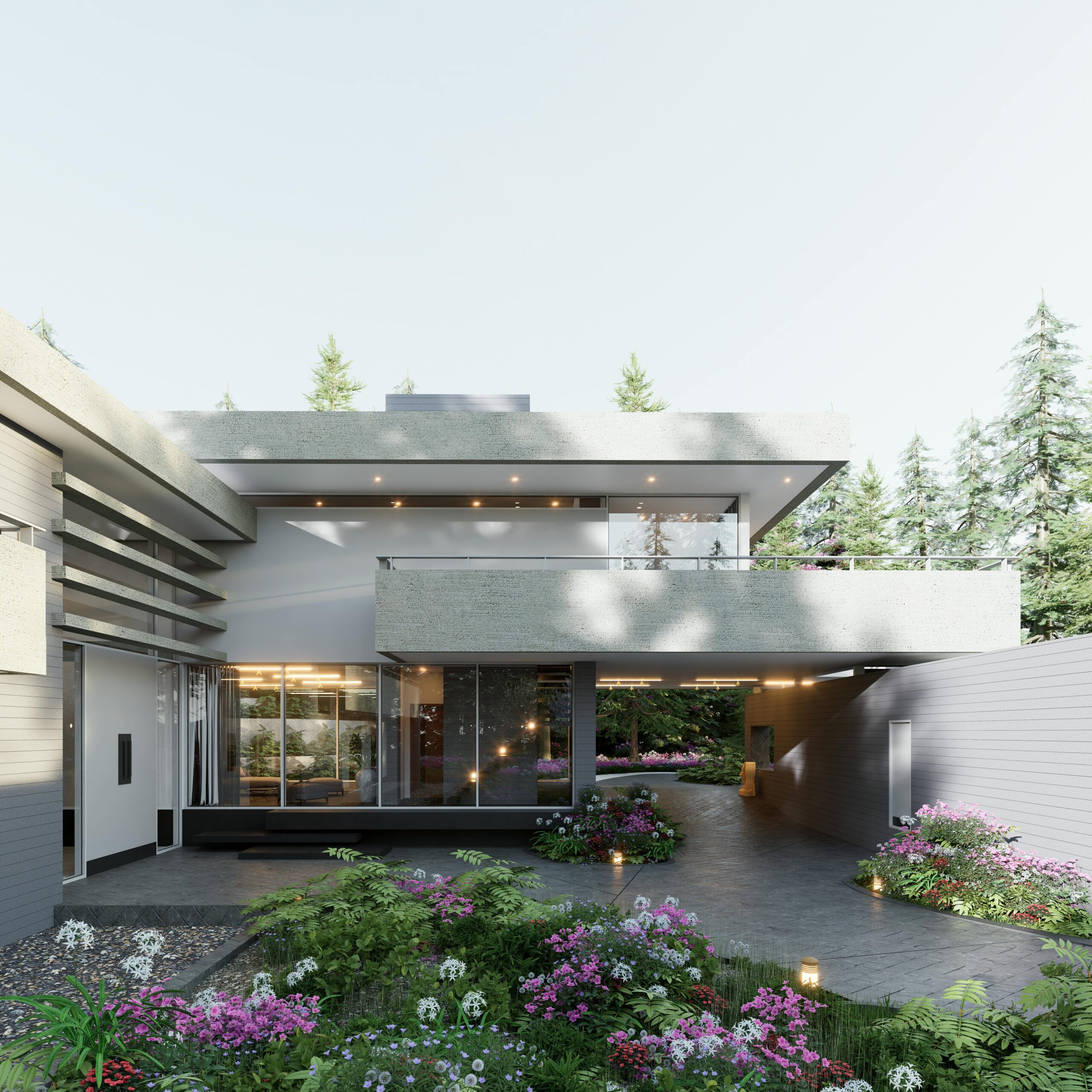 A contemporary villa surrounded by flowers and a dense forest, showcasing elegant architecture.